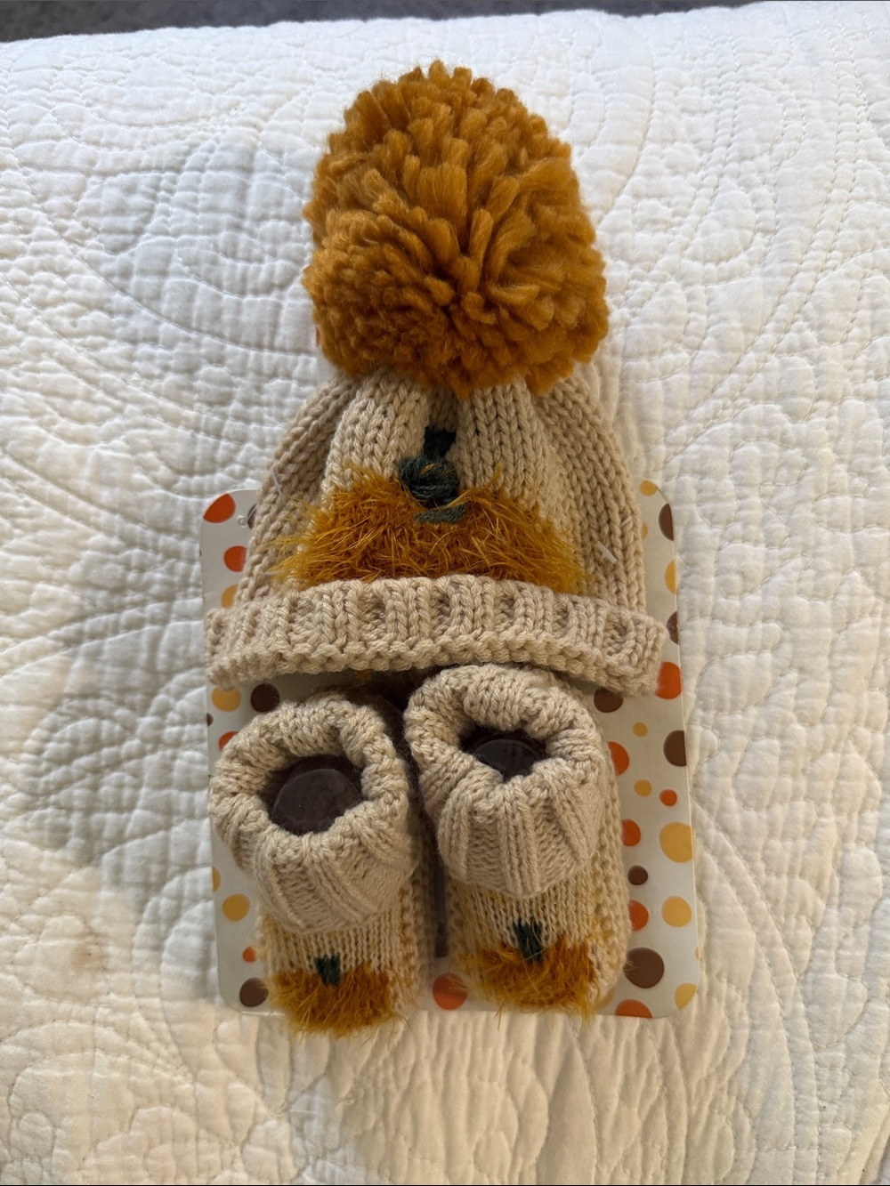Little Me Cream Knit Beanie and Booties with Mustard Pom Pom